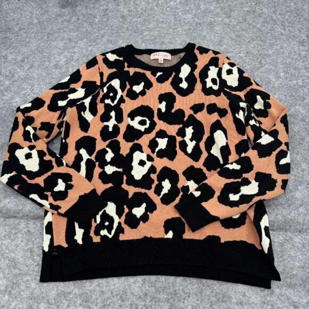 Philosophy Womens Sweater XL Animal Print Tan Black Rayon Crew Neck Long Sleeves